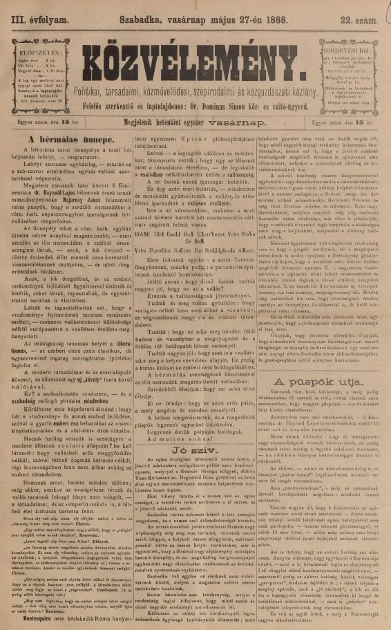 Közvélemény, 3. évf. 1888. május 27. 22. sz.