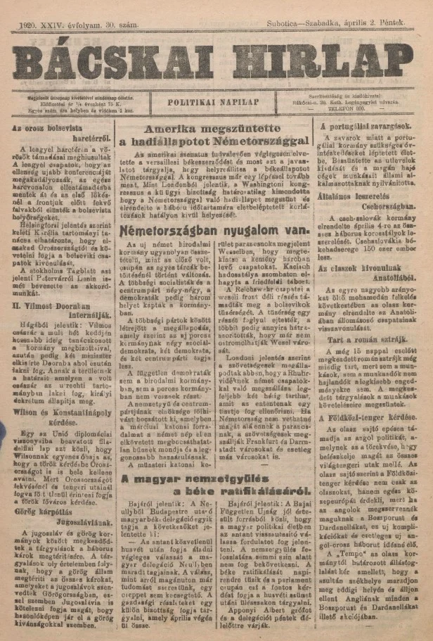 Bácskai Hirlap, 24. évf. 1920. április 2. 30. sz.