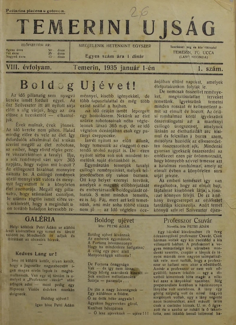 Temerini Újság 1928-1944, 8. évf. 1935. január 1. 1. sz.