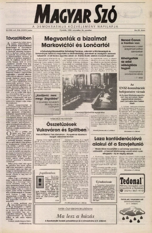 Magyar Szó, 48. évf. 1991. november 16. 316. sz. 1–20. oldal