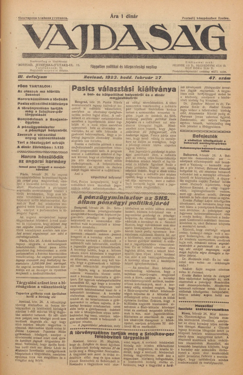 Vajdaság, 3. évf. 1923. február 27. 47. sz.