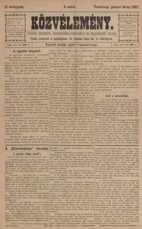 Közvélemény, 2. évf. 1887. január 16. 3. sz.
