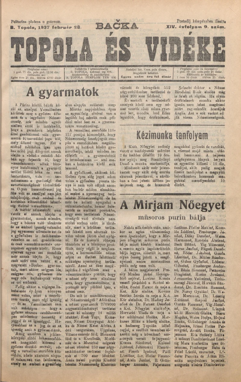 Bačka Topola és Vidéke, 14. évf. 1937. február 28. 9. sz.