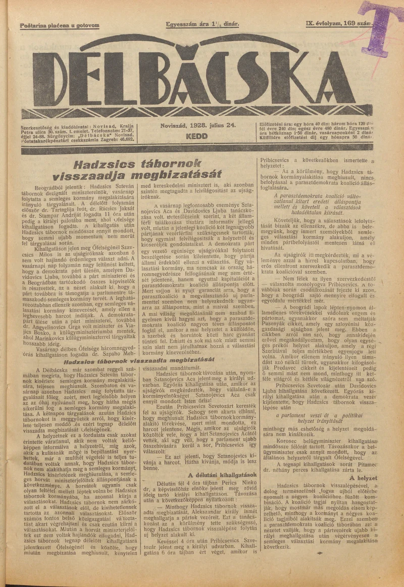 Délbácska, 9. évf. 1928. július 24. 169. sz.
