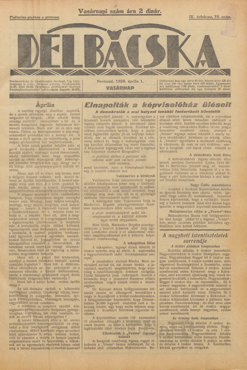 Délbácska, 9. évf. 1928. április 1. 78. sz.