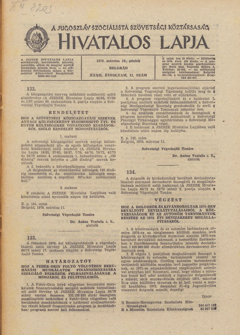 A Jugoszláv Szocialista Szövetségi Köztársaság Hivatalos Lapja, 32. évf. 1976. március 19. 11. sz. 273–312. oldal