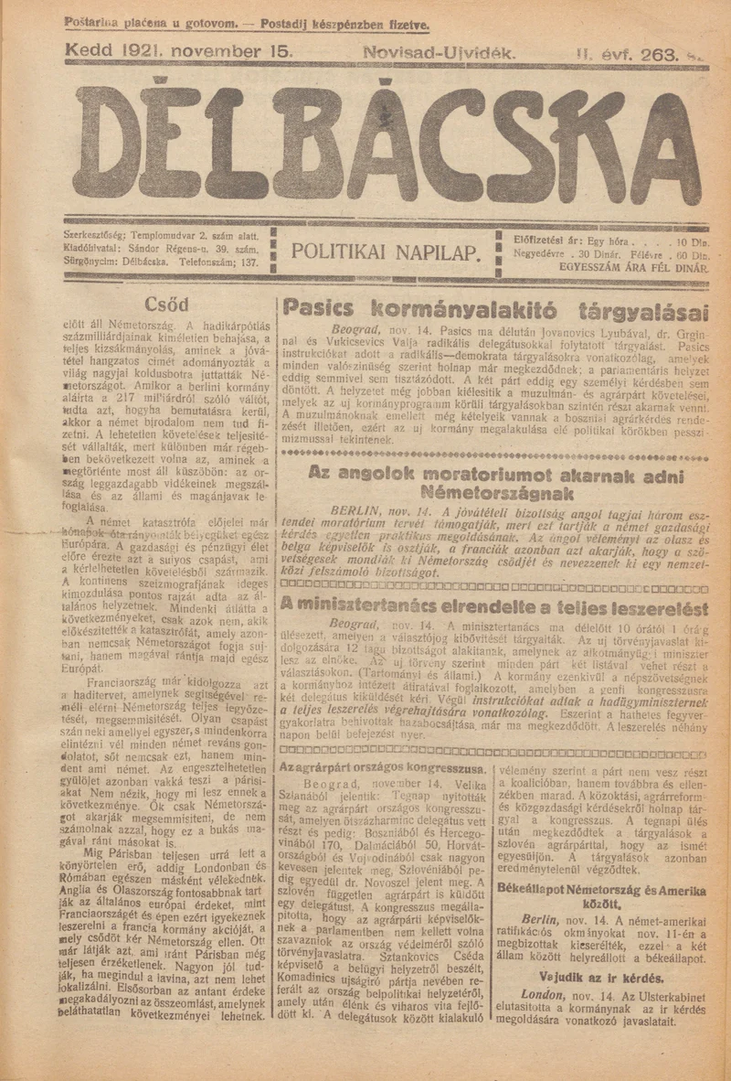 Délbácska, 2. évf. 1921. november 15. 263. sz.