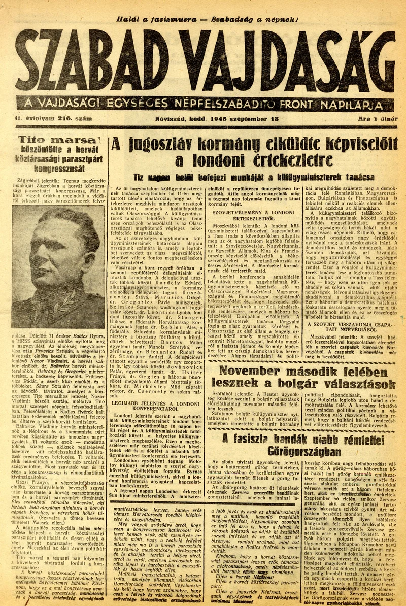 Szabad Vajdaság, 2. évf. 1945. szeptember 18. 216. sz.