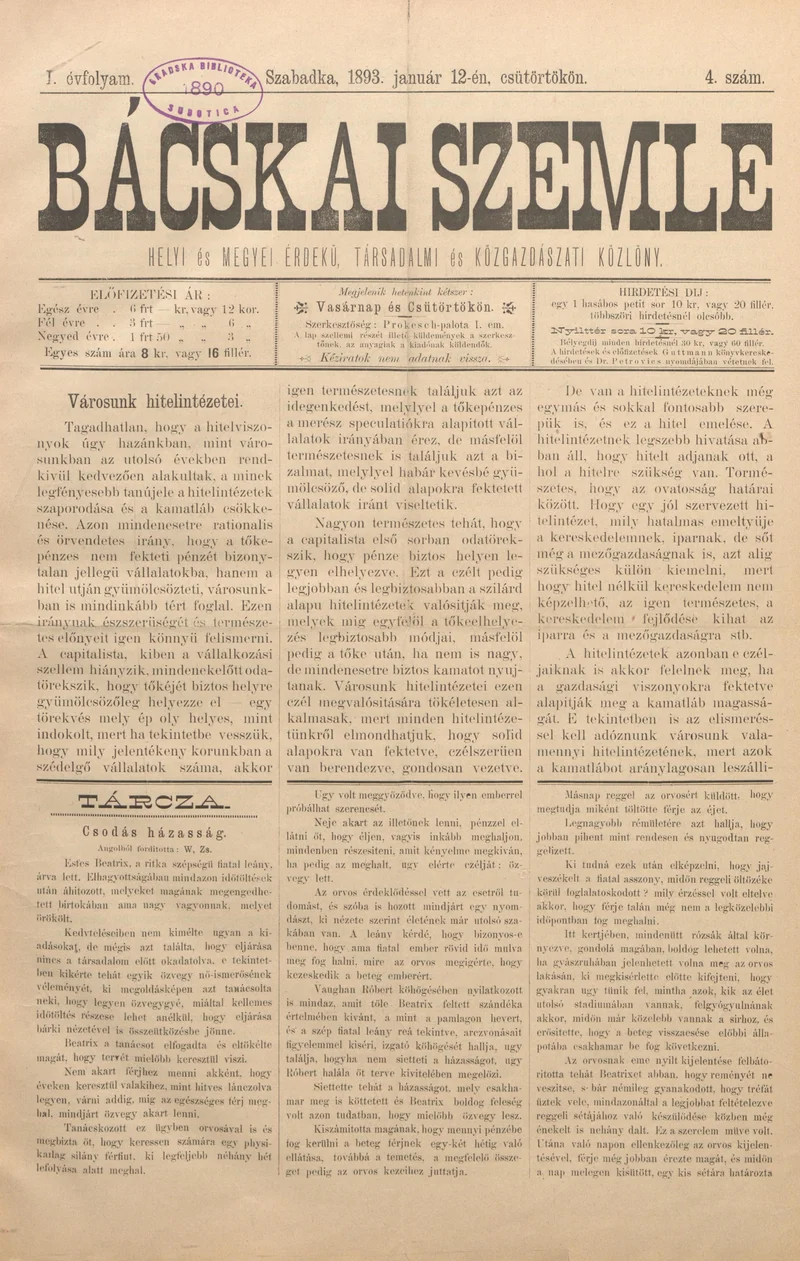 Bácskai Szemle, 1. évf. 1893. január 12. 4. sz.