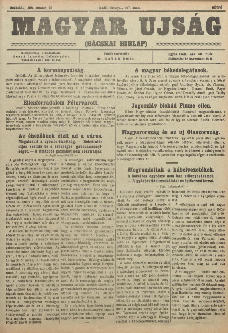 Bácskai Hirlap, 23. évf. 1919. október 20. 107. sz.