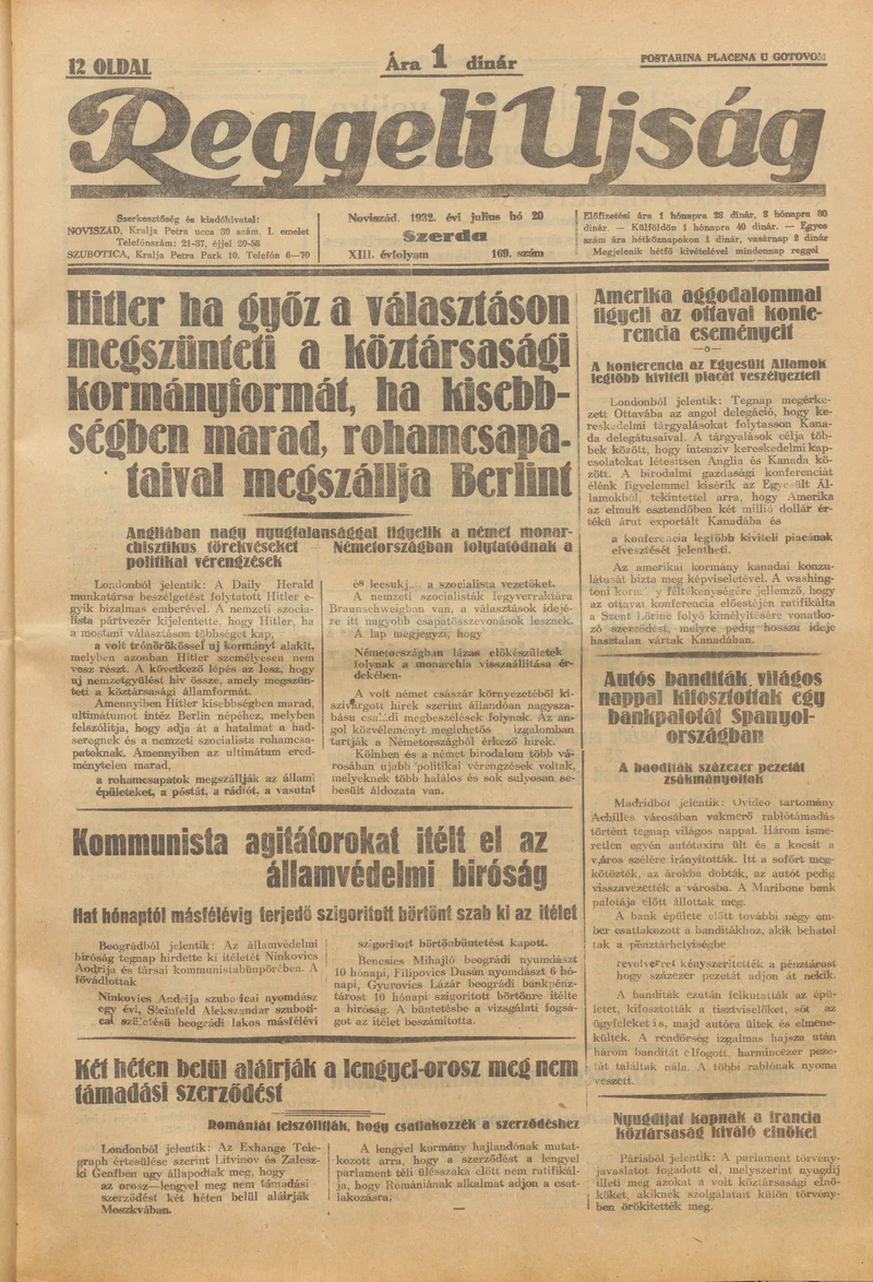 Reggeli Újság, 13. évf. 1932. július 20. 169. sz.