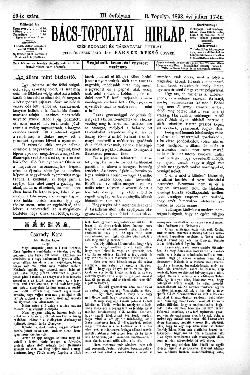 Bács-Topolyai Hirlap, 3. évf. 1898. július 17. 29. sz.