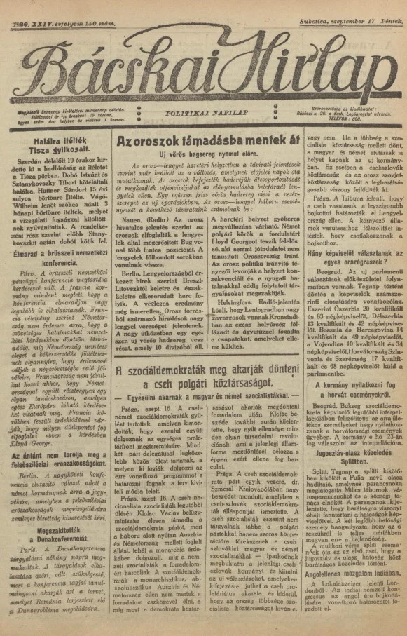 Bácskai Hirlap, 24. évf. 1920. szeptember 17. 150. sz.