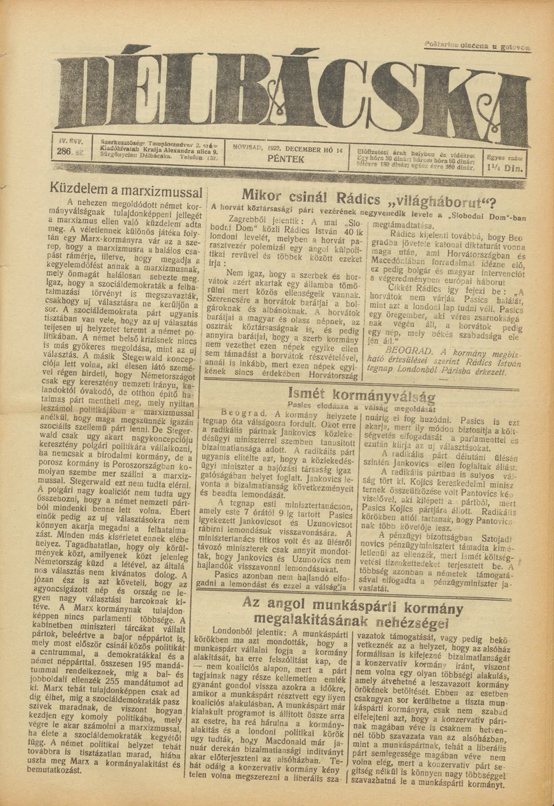 Délbácska, 4. évf. 1923. december 14. 286. sz.