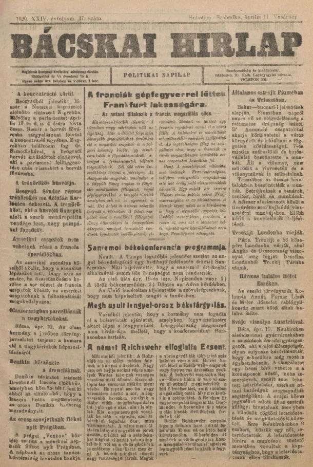 Bácskai Hirlap, 24. évf. 1920. április 11. 37. sz.