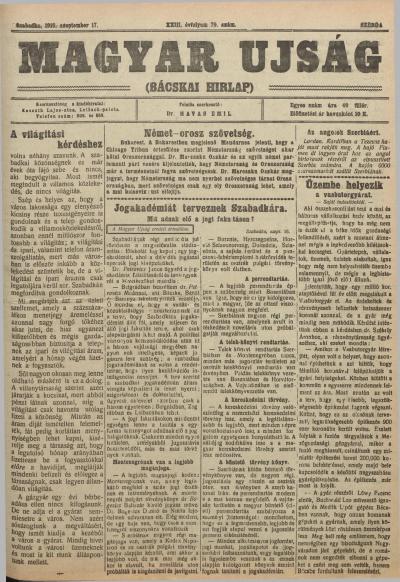 Bácskai Hirlap, 23. évf. 1919. szeptember 17. 79. sz.
