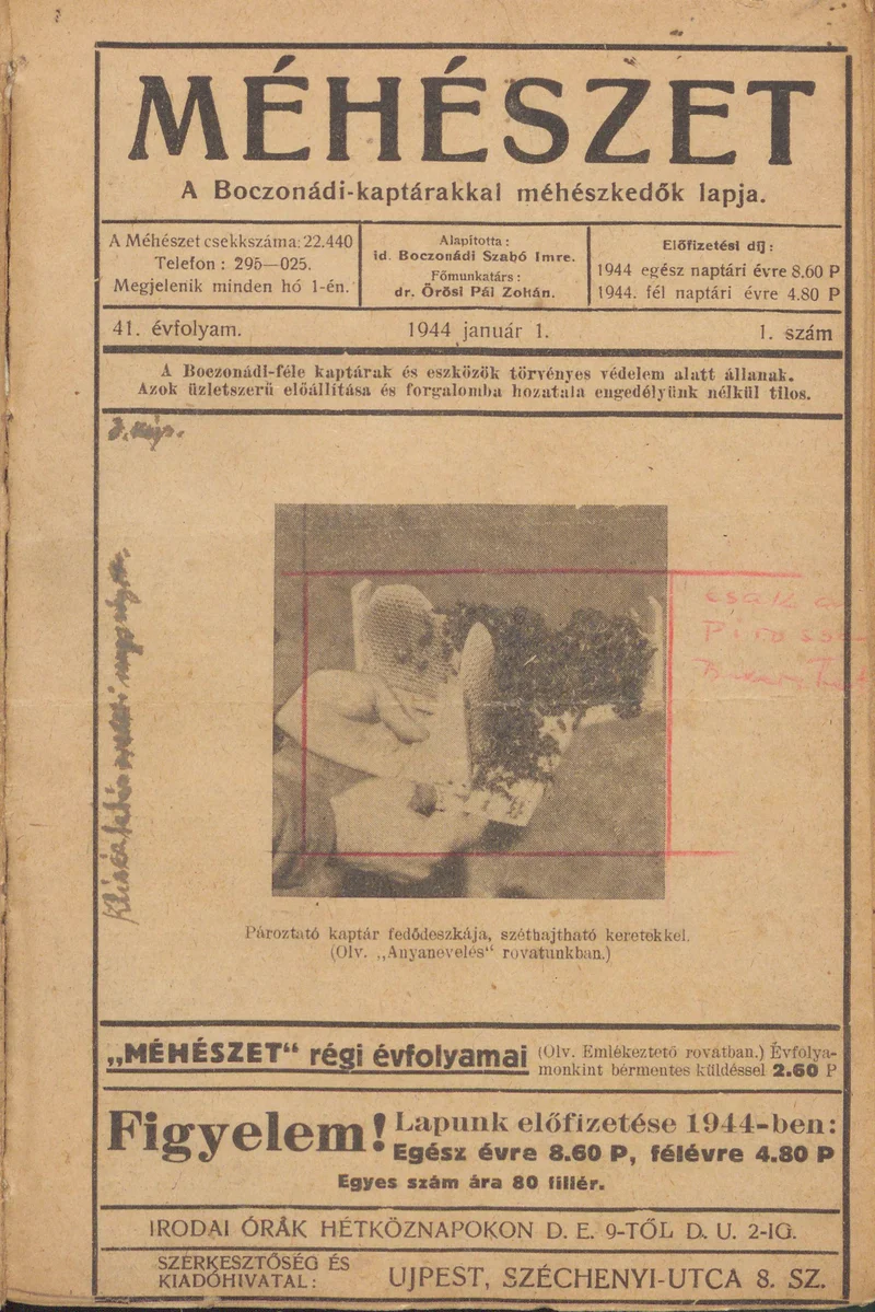 Méhészet, 41. évf. 1944. január 1. 1. sz.