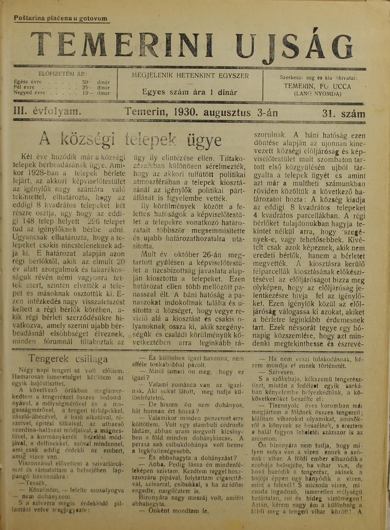 Temerini Újság 1928-1944, 3. évf. 1930. augusztus 3. 31. sz.