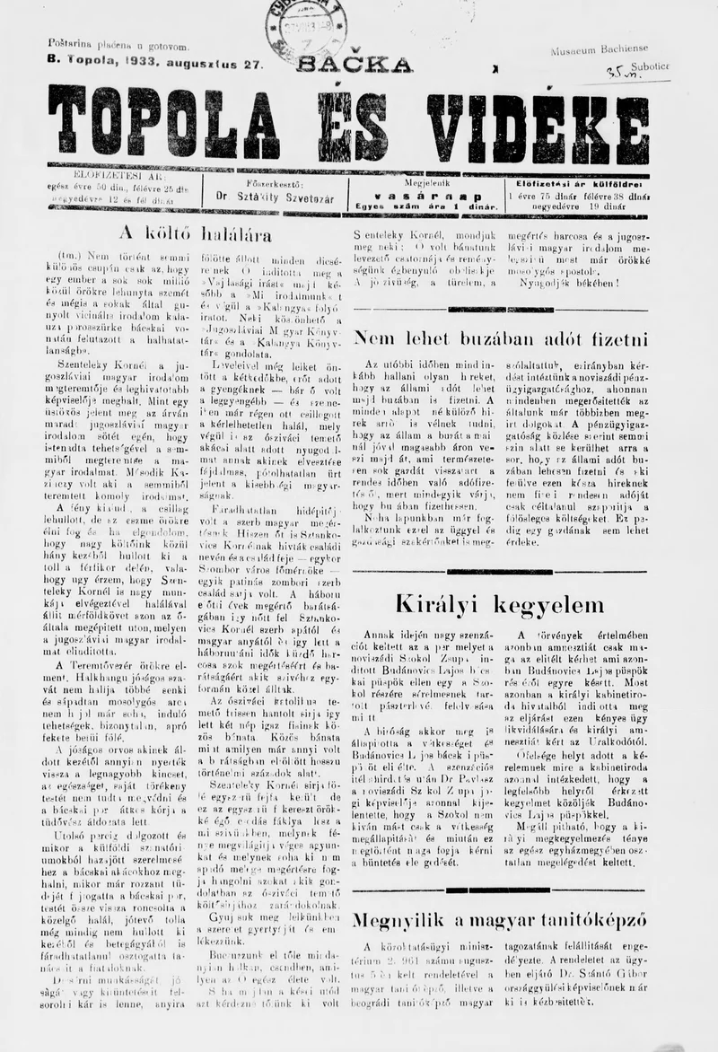 Bačka Topola és Vidéke, 10. évf. 1933. augusztus 27. 35. sz.