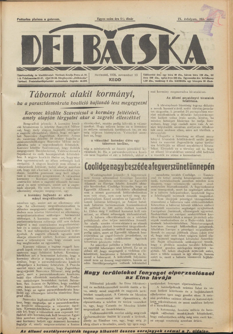 Délbácska, 9. évf. 1928. november 13. 265. sz.