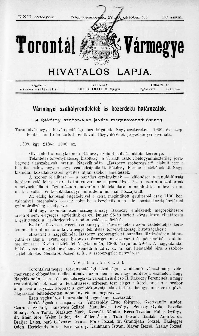 Torontál Vármegye Hivatalos Lapja, 22. évf. 1906. október 25. 52. sz.