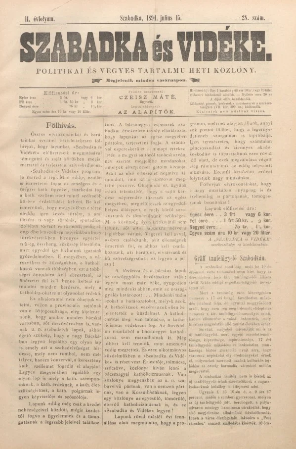 Szabadka és vidéke II, 2. évf. 1894. július 15. 28. sz.