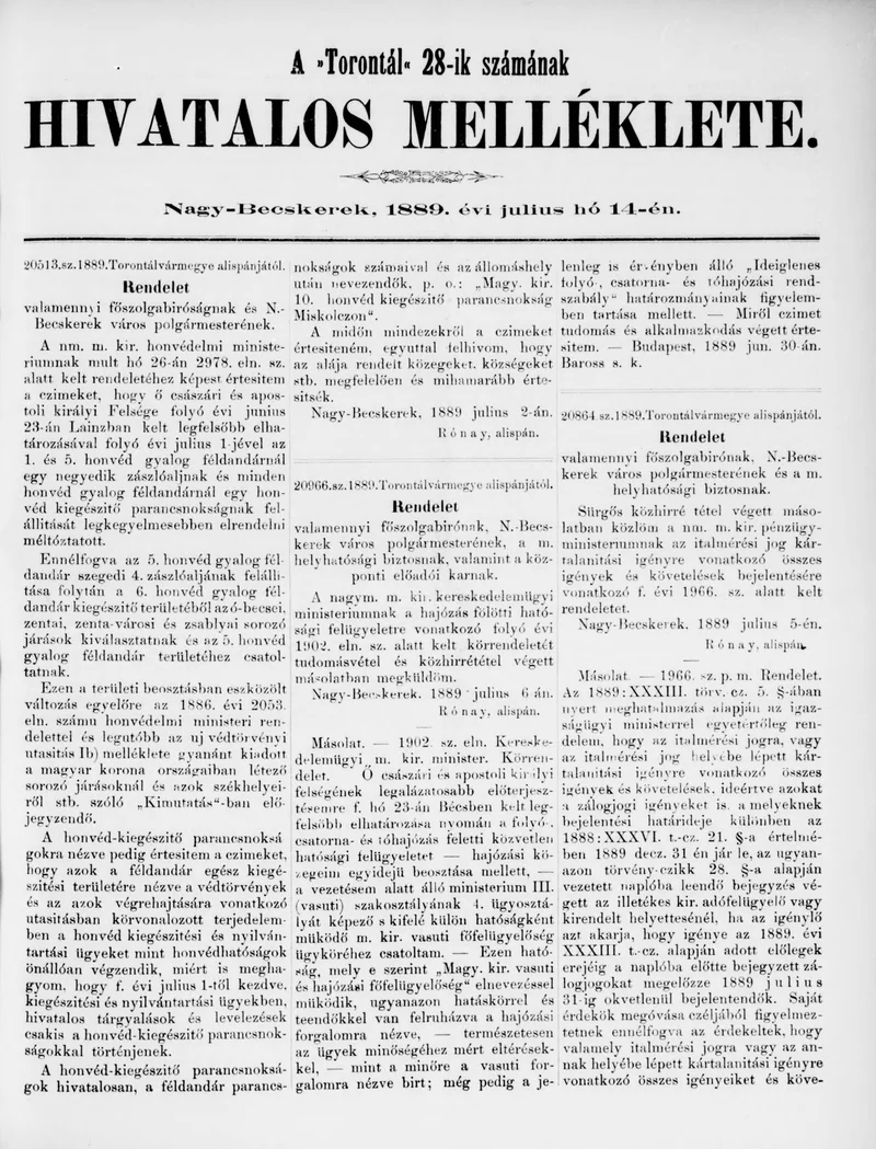 A Totontál  hivatalos melléklete, 2. évf. 1889. július 28. 30. sz.