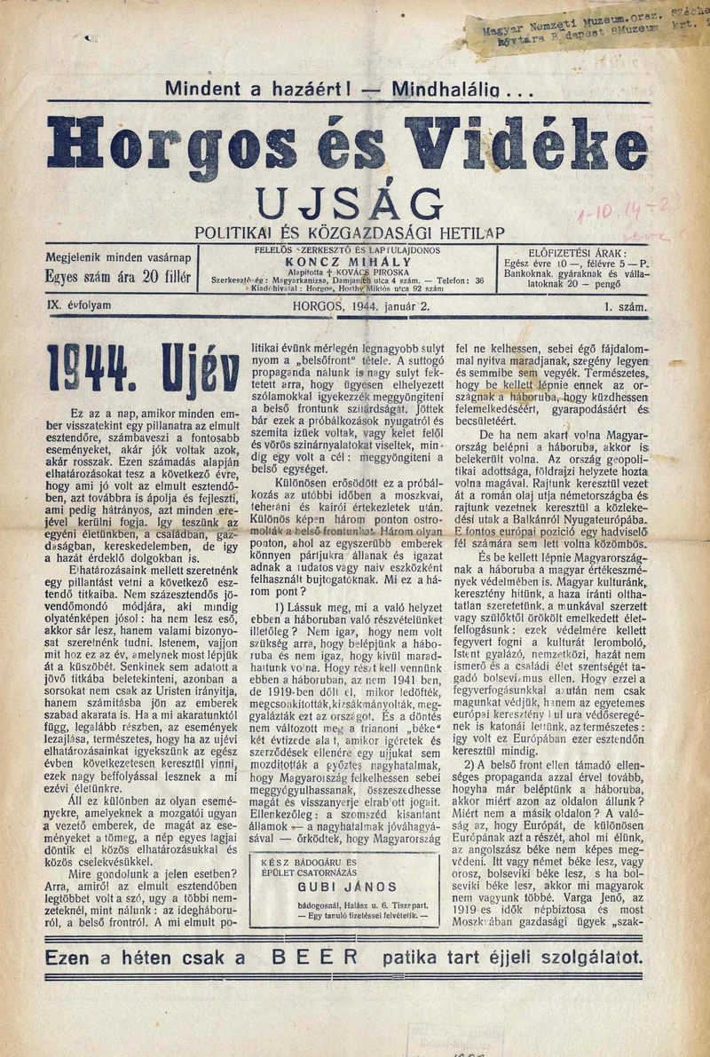 Horgos és vidéke, 9. évf. 1944. január 2. 1. sz.