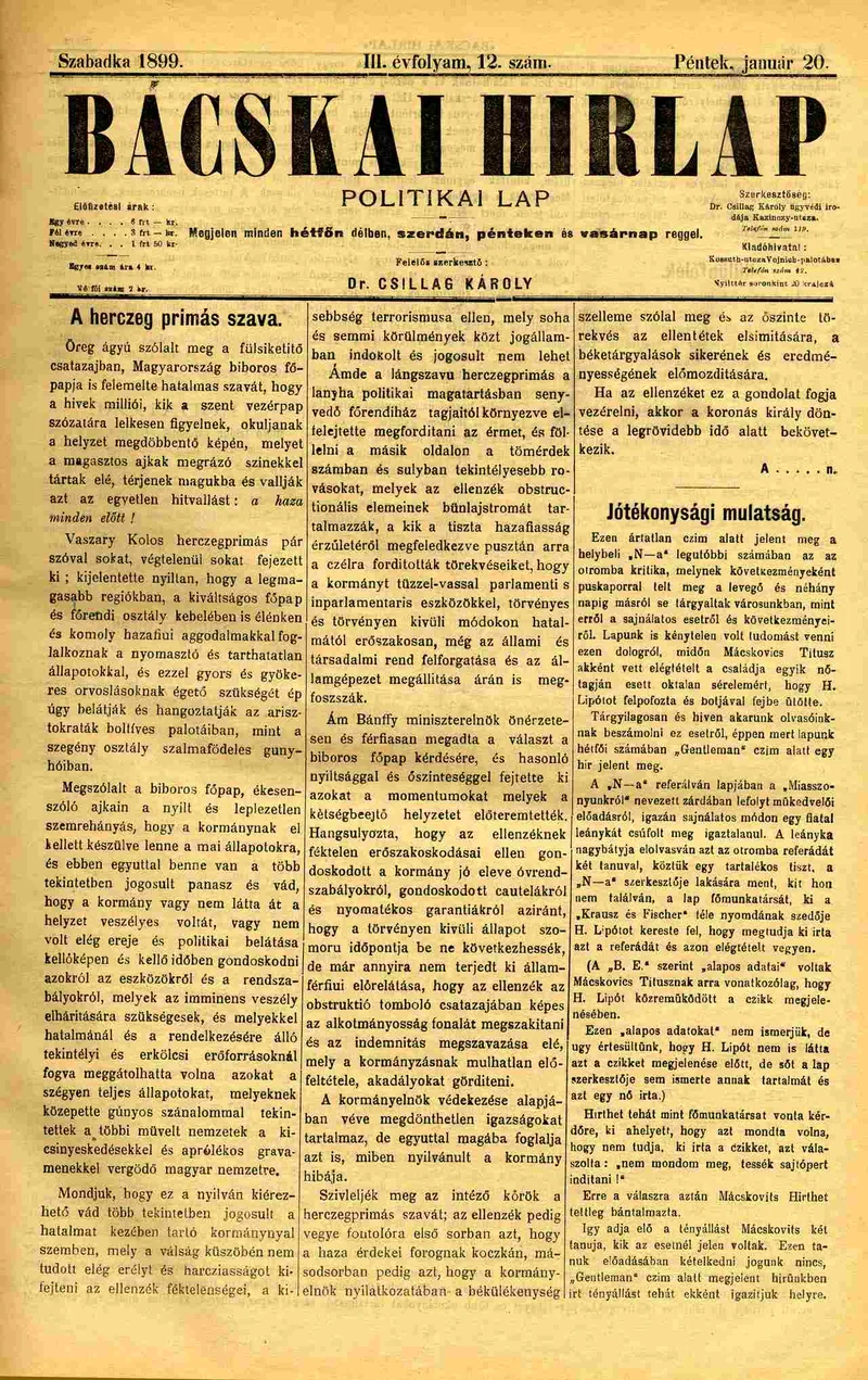 Bácskai Hirlap, 3. évf. 1899. január 20. 12. sz.