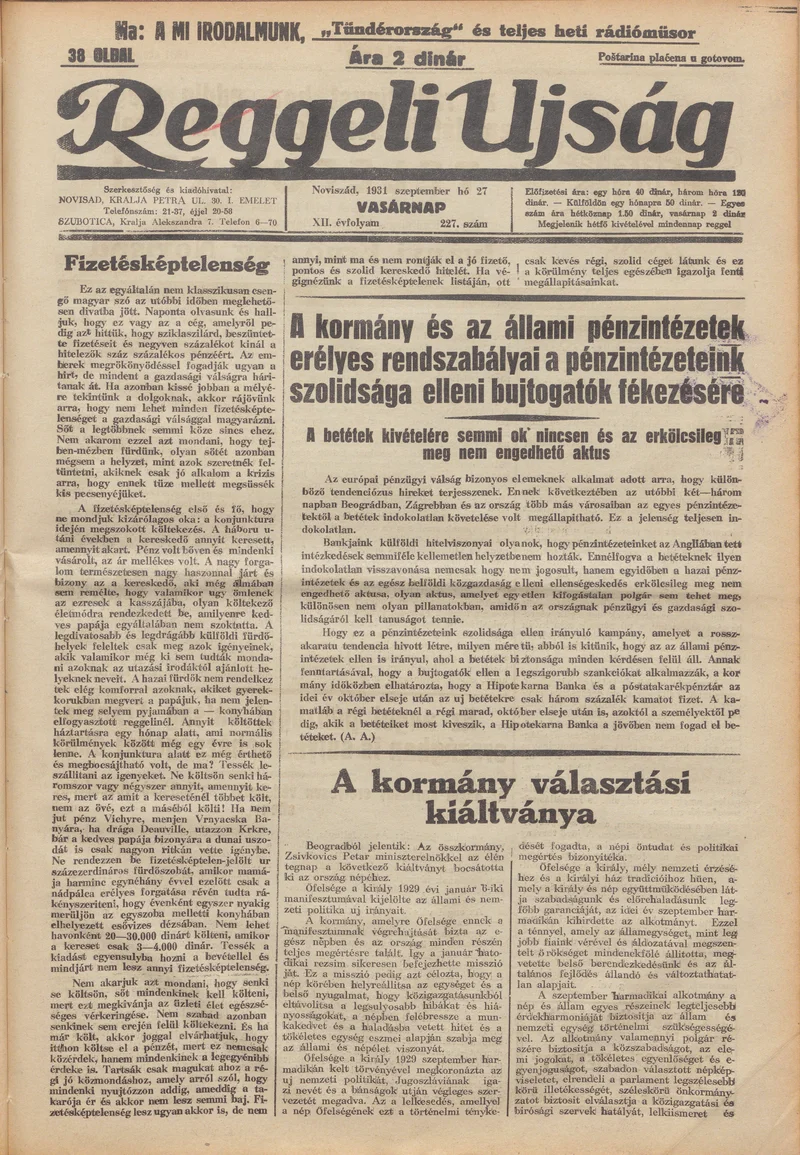 Reggeli Újság, 12. évf. 1931. szeptember 27. 227. sz.