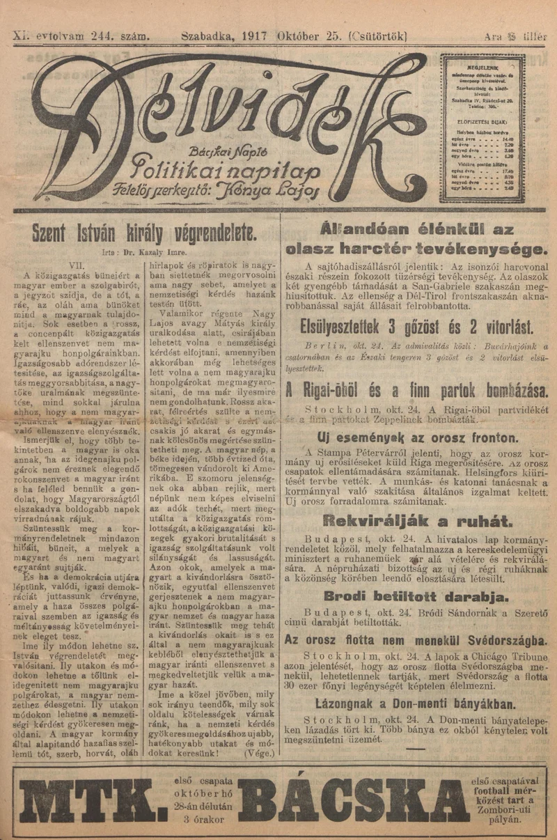 Délvidék, 11. évf. 1917. október 25. 244. sz.