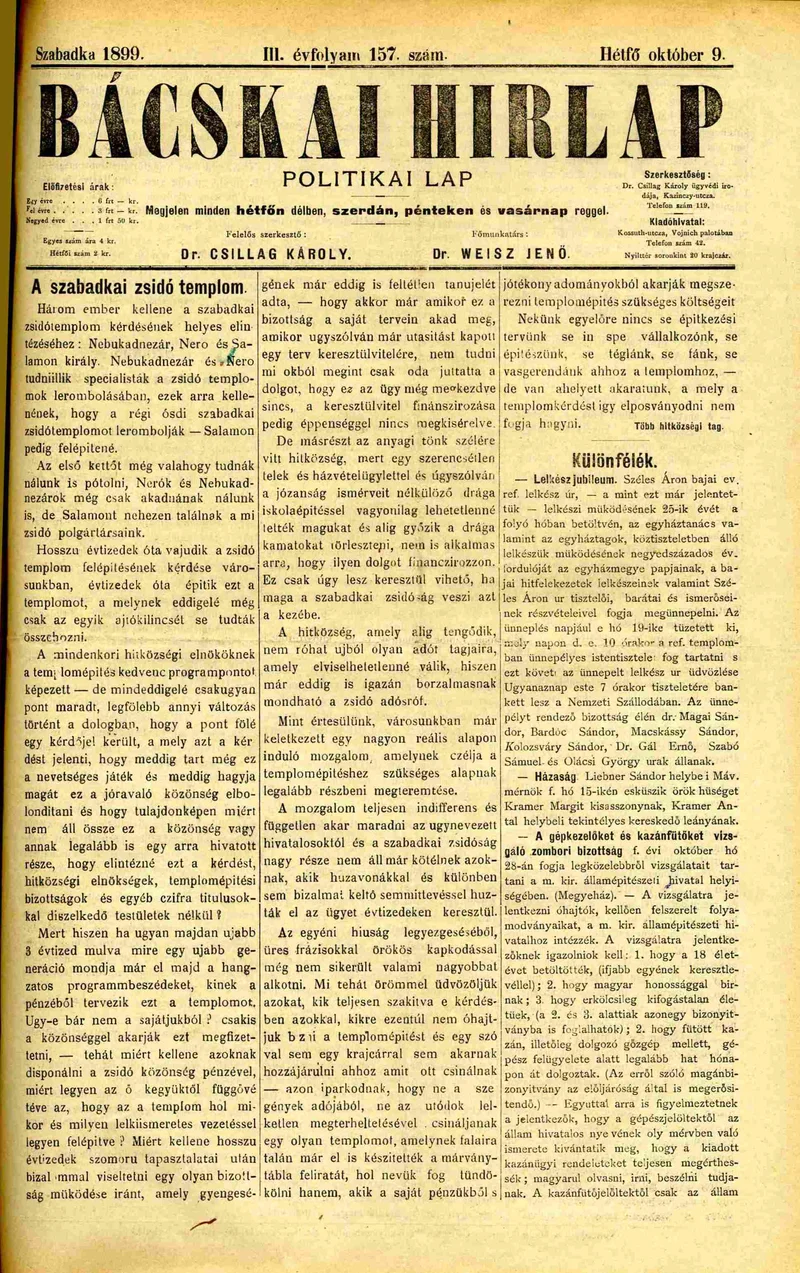 Bácskai Hirlap, 3. évf. 1899. október 9. 157. sz.