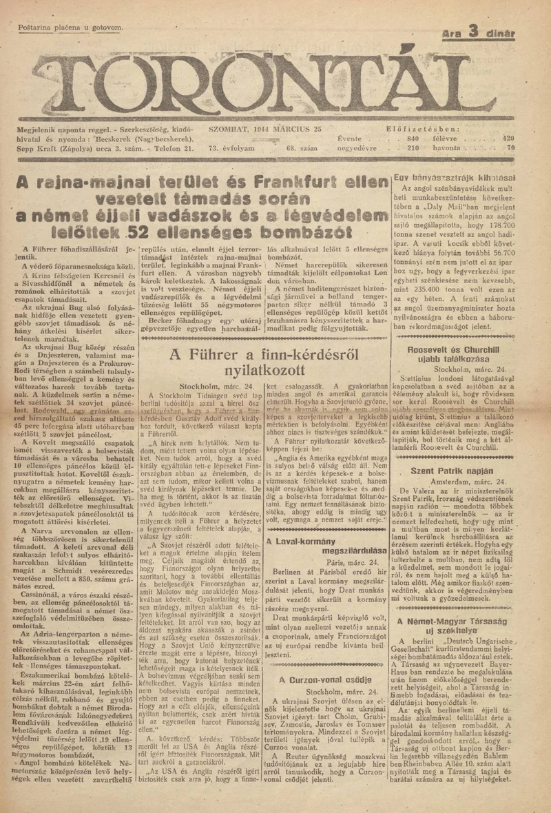 Torontál, 73. évf. 1944. március 25. 68. sz.