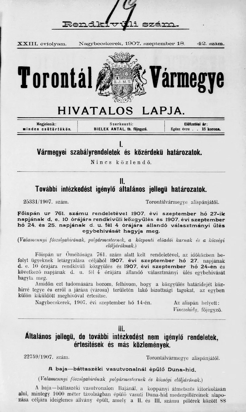Torontál Vármegye Hivatalos Lapja, 23. évf. 1907. szeptember 18. 42. sz.