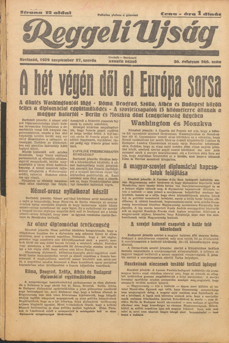Reggeli Újság, 20. évf. 1939. szeptember 27. 266. sz.