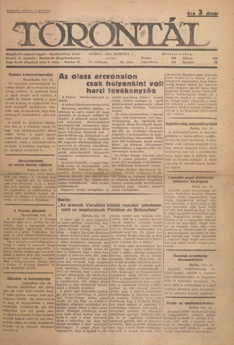 Torontál, 73. évf. 1944. március 1. 50. sz.