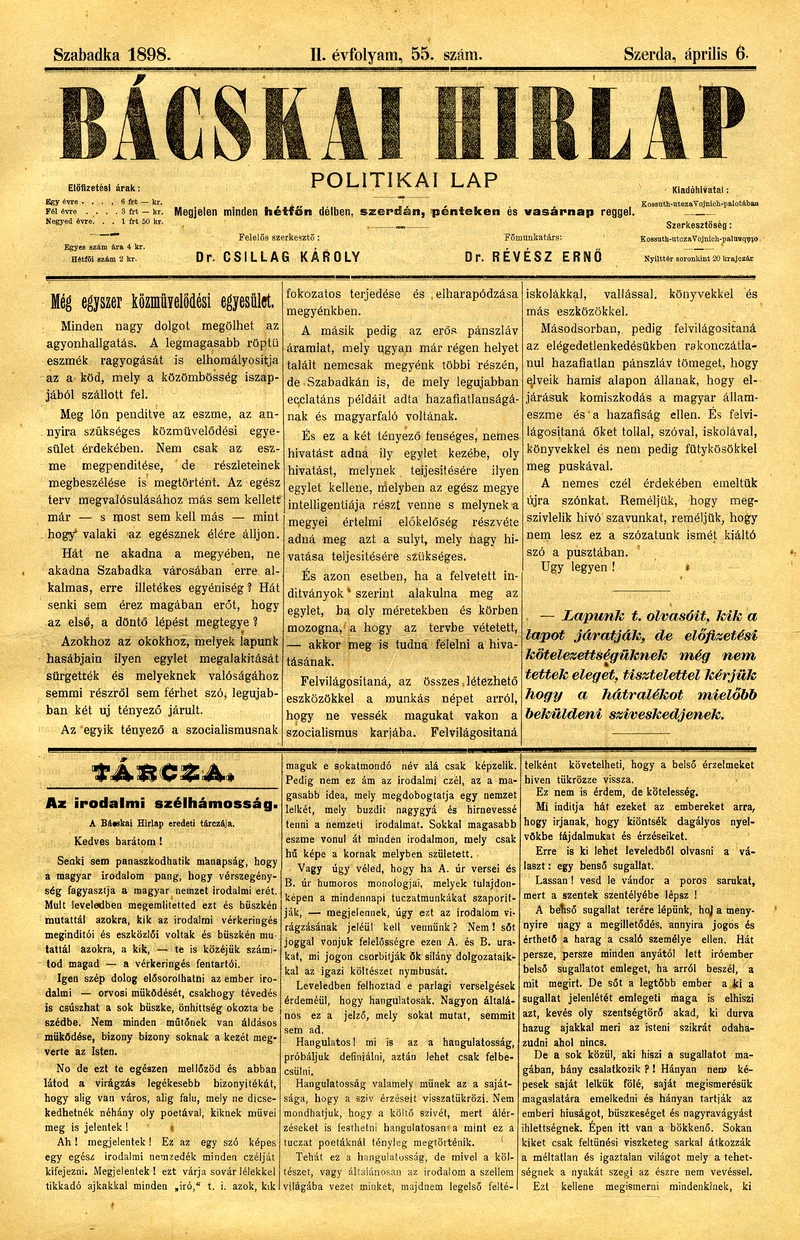 Bácskai Hirlap, 2. évf. 1898. április 6. 55. sz. 1–4. oldal