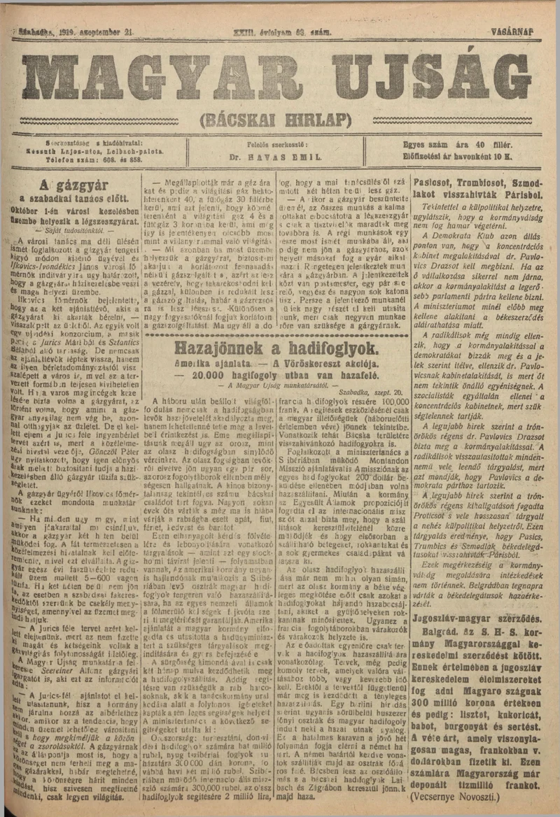 Bácskai Hirlap, 23. évf. 1919. szeptember 21. 83. sz.