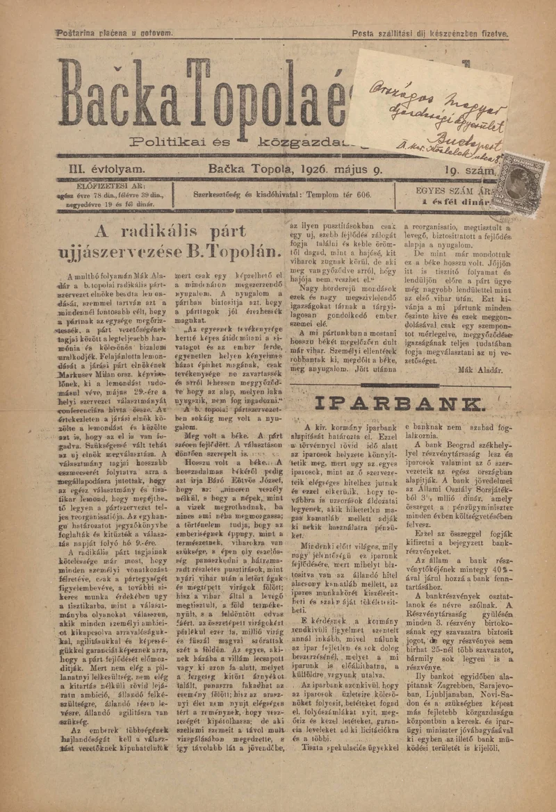 Bačka Topola és Vidéke, 3. évf. 1926. május 9. 19. sz.