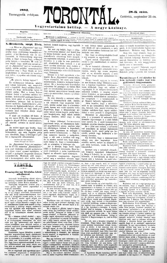 Torontál, 11. évf. 1882. szeptember 21. 38. sz.