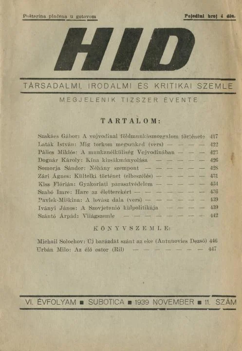 Híd, 6. évf. 1939. november. 11. sz. 417–448. oldal