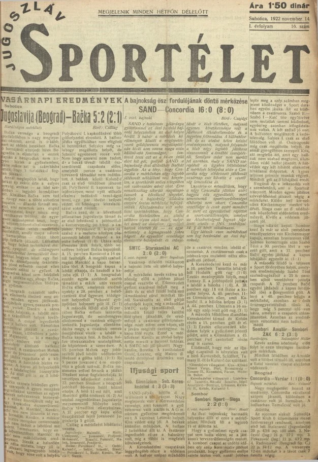 Jugoszláv sportélet, 1. évf. 1922. november 14. 16. sz.