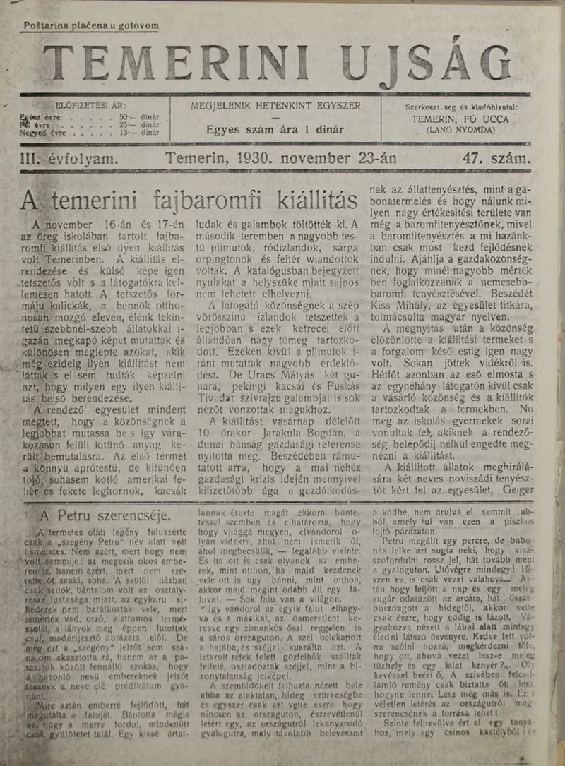 Temerini Újság 1928-1944, 3. évf. 1930. november 23. 47. sz.
