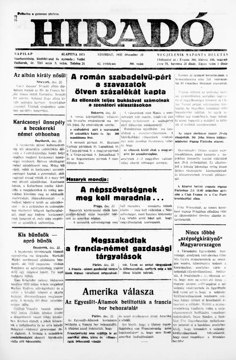Híradó, 62. évf. 1933. december 23. 300. sz.