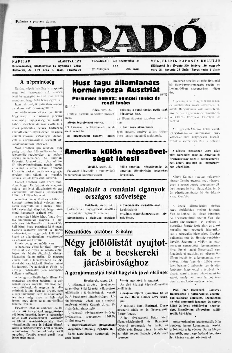 Híradó, 62. évf. 1933. szeptember 24. 225. sz.