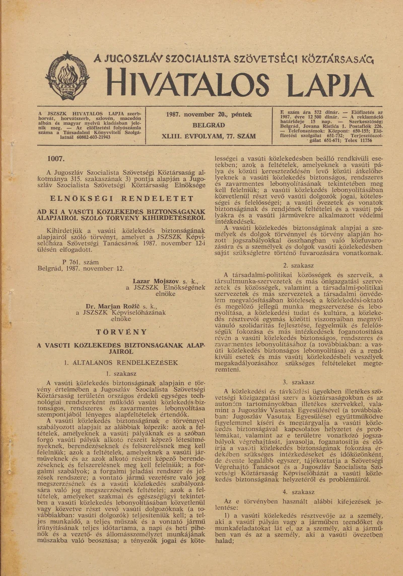 A Jugoszláv Szocialista Szövetségi Köztársaság Hivatalos Lapja, 43. évf. 1987. november 20. 77. sz. 1785–1836. oldal