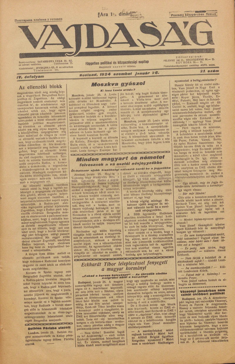 Vajdaság, 4. évf. 1924. január 26. 21. sz.