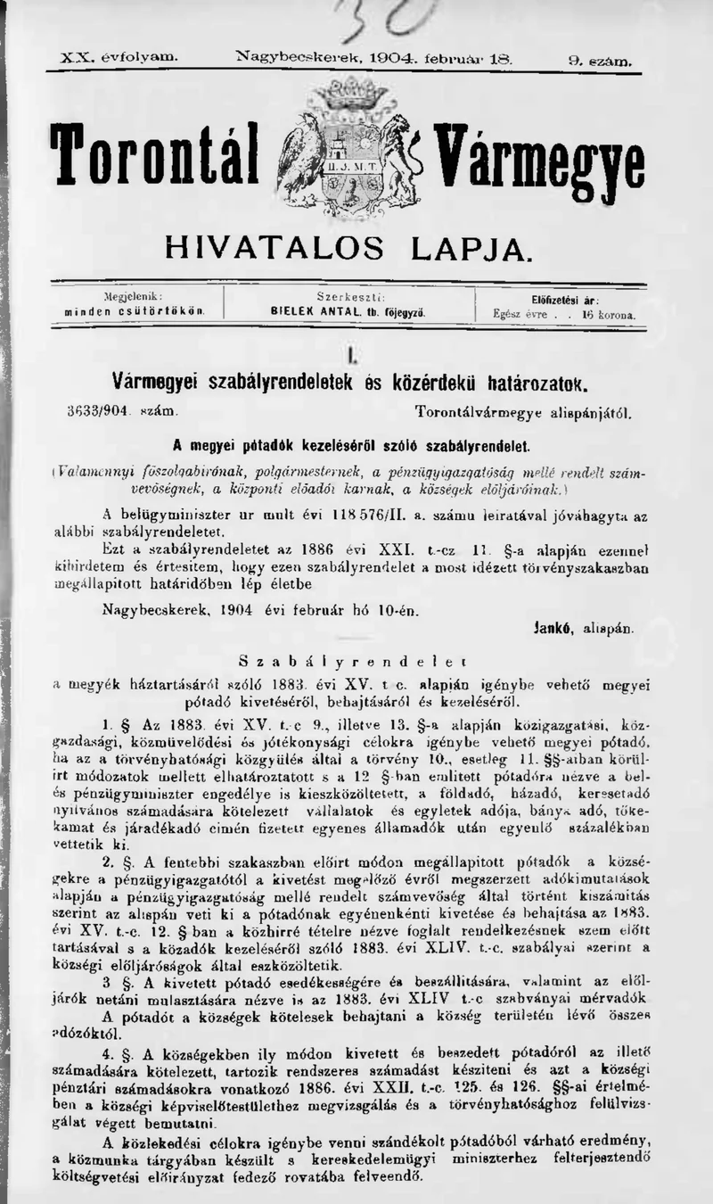 Torontál Vármegye Hivatalos Lapja, 20. évf. 1904. február 18. 9. sz.