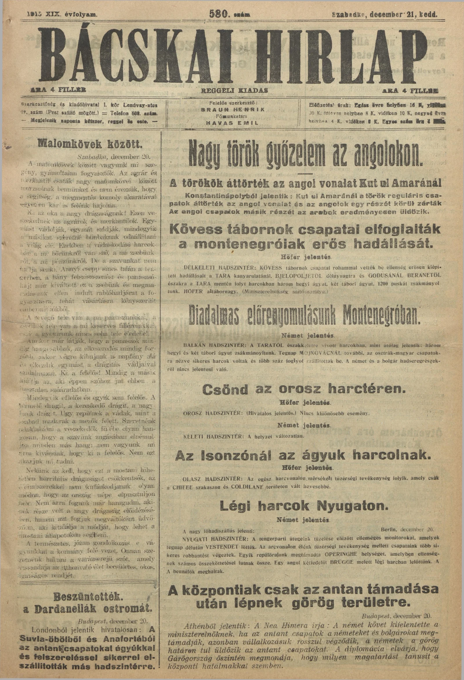 Bácskai Hirlap, 19. évf. 1915. december 21. 580. sz.