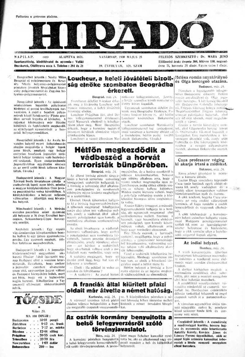 Híradó, 59. évf. 1930. május 25. 121. sz.